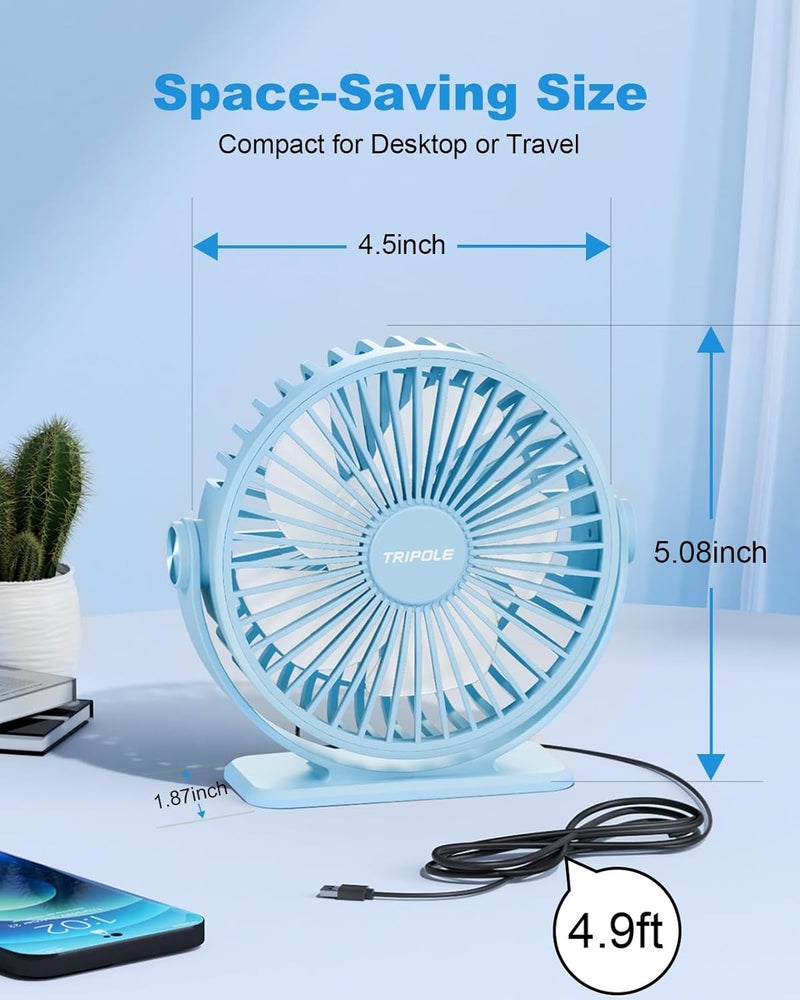 TriPole Small Desk Fan USB Powered Mini Portable Fan, 3 Speeds Strong Breeze Electric Fans, 360° Rotation Quiet Plug In Personal USB Cooling Fans for Desktop Bedroom Office Table Travel Cruise, Blue - Image 5